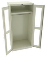 A beige metal cabinet with two open doors, revealing an empty interior. Inside, there is a shelf at the top and a hanging rod below. The cabinet stands on a flat surface.
