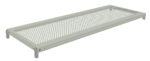 A long, gray perforated metal shelf with small circular holes and end brackets for mounting. The design appears minimalist and functional, suitable for storage or industrial use.