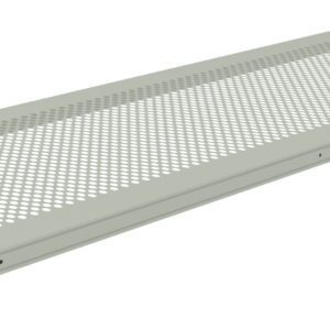 A long, gray perforated metal shelf with small circular holes and end brackets for mounting. The design appears minimalist and functional, suitable for storage or industrial use.
