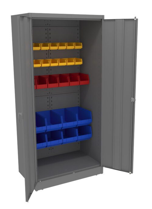 lanlyibnvnw9cgwv66ff.jpg A gray metal storage cabinet with open doors, revealing three shelves with colorful plastic bins. The top shelf holds yellow bins, the middle shelf has red bins, and the bottom shelf contains blue bins.