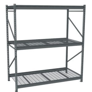 Gray metal storage shelving unit with three wire mesh shelves. The structure is supported by vertical beams with multiple holes for adjustable shelving, and diagonal braces provide additional stability. The unit is empty and placed against a white background.