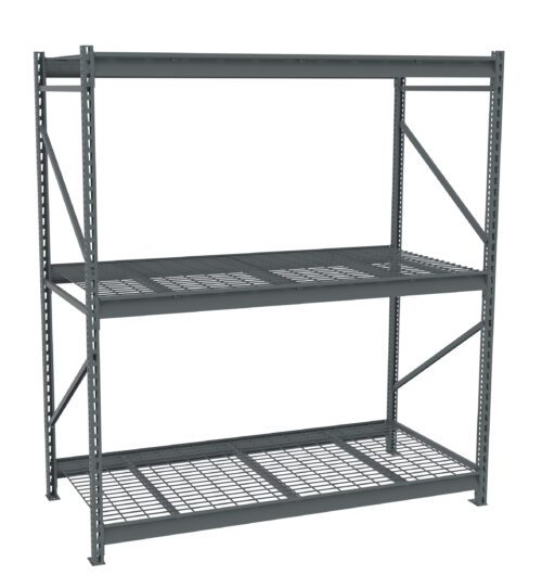 Gray metal storage shelving unit with three wire mesh shelves. The structure is supported by vertical beams with multiple holes for adjustable shelving, and diagonal braces provide additional stability. The unit is empty and placed against a white background.