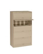 A beige, four-drawer filing cabinet with the second drawer open. The cabinet has a lock at the top for security. The open drawer reveals file slots for organized storage, set against a plain white background.