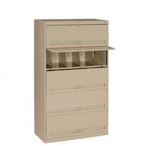 A beige, four-drawer filing cabinet with the second drawer open. The cabinet has a lock at the top for security. The open drawer reveals file slots for organized storage, set against a plain white background.
