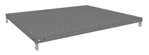A gray metal shelf with small holes along the edges, viewed from a low angle. The shelf has a flat, rectangular surface supported by brackets on each corner.