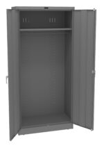 A tall, gray metal storage cabinet with two open doors. It features a single horizontal bar inside and hooks on the side. The interior is empty, showcasing multiple adjustable shelf slots on the sides.