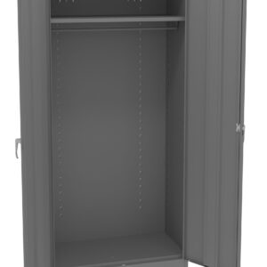 A tall, gray metal storage cabinet with two open doors. It features a single horizontal bar inside and hooks on the side. The interior is empty, showcasing multiple adjustable shelf slots on the sides.