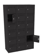 A tall, black metal locker with three columns and five rows of small, square compartments. Two doors are open, revealing empty spaces inside. Each compartment has ventilation slots and a key lock.