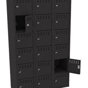 A tall, black metal locker with three columns and five rows of small, square compartments. Two doors are open, revealing empty spaces inside. Each compartment has ventilation slots and a key lock.