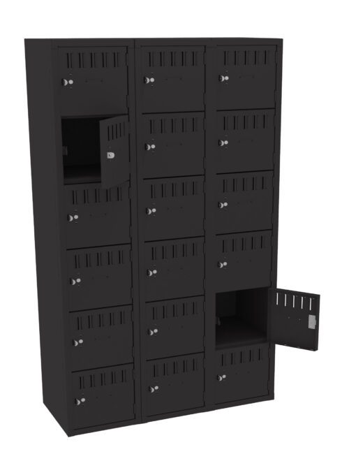 A tall, black metal locker with three columns and five rows of small, square compartments. Two doors are open, revealing empty spaces inside. Each compartment has ventilation slots and a key lock.
