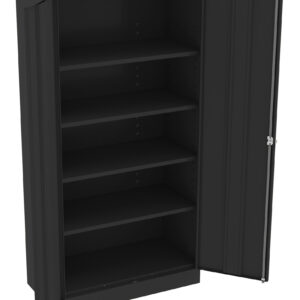 A black metal storage cabinet with two doors, one open and the other slightly ajar, revealing four interior shelves. The cabinet is empty and designed for organizing items.