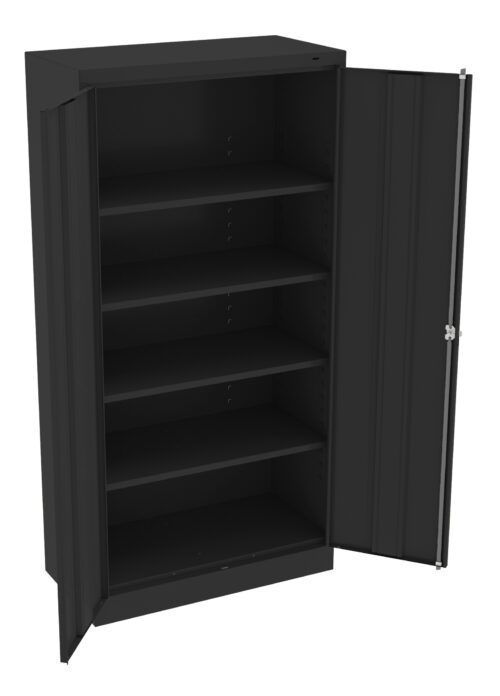 lbiqadu5y5fybza0lbdw.jpg A black metal storage cabinet with two doors, one open and the other slightly ajar, revealing four interior shelves. The cabinet is empty and designed for organizing items.