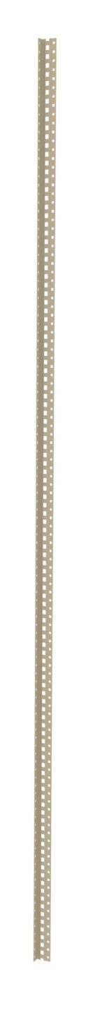 A tall, vertical metal strip with evenly spaced holes along its length, typically used for shelving or support structures. The strip is positioned against a plain white background.