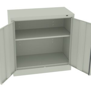 Open gray metal cabinet with two doors and two shelves. The shelves are empty, and the doors are wide open, revealing the interior of the cabinet. The cabinet is placed against a plain background.