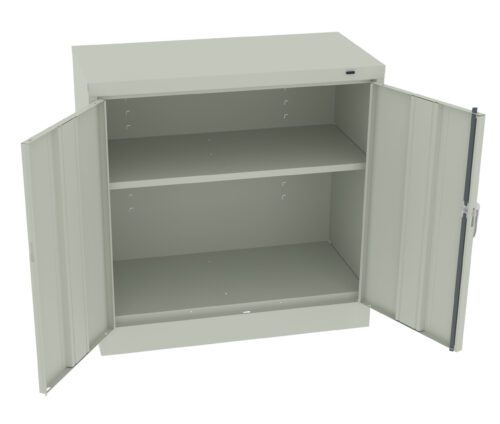 lbzopqndlps5fyorqtoy.jpg Open gray metal cabinet with two doors and two shelves. The shelves are empty, and the doors are wide open, revealing the interior of the cabinet. The cabinet is placed against a plain background.