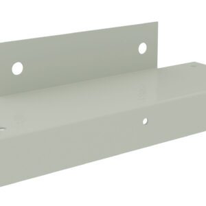 A light gray metal bracket with a right-angled design, featuring two holes for mounting on each side. The bracket has a smooth finish and appears sturdy, suitable for supporting or joining structures.