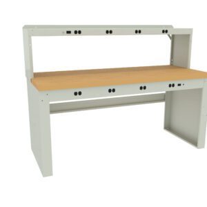 A sturdy light gray workbench with a wooden tabletop and built-in upper and lower shelves featuring multiple electrical outlets. The clean, minimalist design suggests it is suitable for a workshop or lab environment.