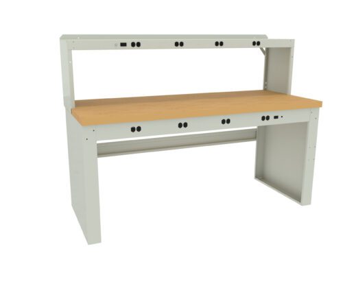 lccac3zdv9x8exyhxoks.jpg A sturdy light gray workbench with a wooden tabletop and built-in upper and lower shelves featuring multiple electrical outlets. The clean, minimalist design suggests it is suitable for a workshop or lab environment.
