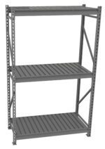 A gray, metal shelving unit with three slatted shelves. The frame is constructed from vertical beams with perforated holes for adjustable shelf placement. The design is utilitarian, suitable for storage in a garage or warehouse.
