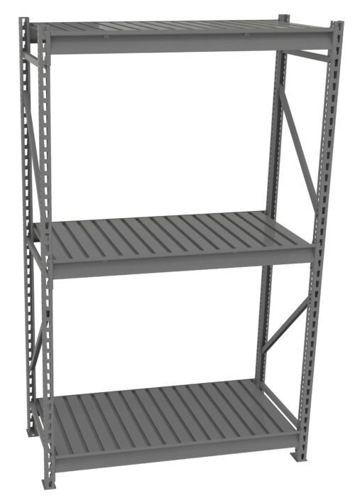 A gray, metal shelving unit with three slatted shelves. The frame is constructed from vertical beams with perforated holes for adjustable shelf placement. The design is utilitarian, suitable for storage in a garage or warehouse.