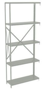 A tall, gray metal shelving unit with five evenly spaced shelves and cross braces on the back. The design is open and has perforated sides for adjustable shelving.
