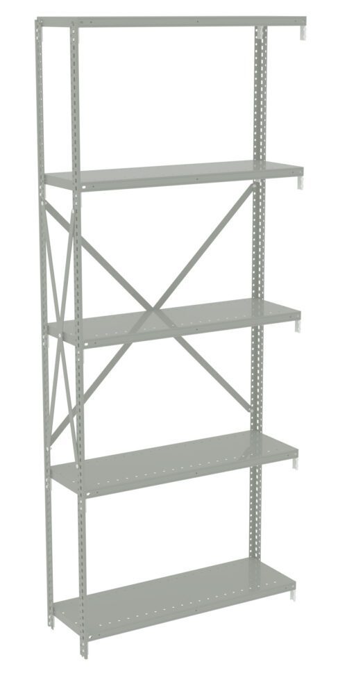 A tall, gray metal shelving unit with five evenly spaced shelves and cross braces on the back. The design is open and has perforated sides for adjustable shelving.