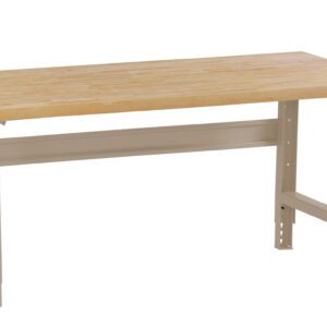A wooden workbench with a light brown rectangular tabletop and adjustable beige metal legs, set on a white background.