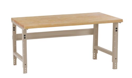 lck7vrqbivyuamdxq1oa.jpg A wooden workbench with a light brown rectangular tabletop and adjustable beige metal legs, set on a white background.