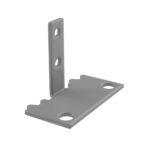 A gray metal bracket with a right-angle design. It has three screw holes, two on the vertical part and one on the horizontal part. The surface is smooth, and the edges are slightly rounded.