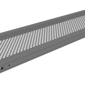 A long, rectangular metal shelf with perforated holes sits on four sturdy legs. The design is simple and industrial, featuring a grey color and a flat surface, suitable for storage or shelving purposes.