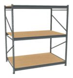 A metal storage shelving unit with three wooden shelves. The frame is grey and the shelves are evenly spaced, suitable for organizing or storing various items. The structure appears sturdy and industrial.