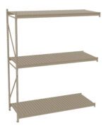 A beige, three-tiered industrial metal shelving unit with evenly spaced horizontal slats. It features a sturdy frame with vertical supports and cross-bracing, designed for heavy-duty storage.