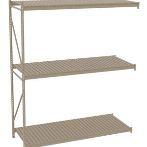 A beige, three-tiered industrial metal shelving unit with evenly spaced horizontal slats. It features a sturdy frame with vertical supports and cross-bracing, designed for heavy-duty storage.