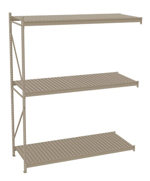 lcucqvsqybih8dlvvoza.jpg A beige, three-tiered industrial metal shelving unit with evenly spaced horizontal slats. It features a sturdy frame with vertical supports and cross-bracing, designed for heavy-duty storage.