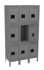 Gray metal storage unit with three rows of lockers, each row containing three lockers. The middle locker on the right is open, revealing an empty compartment. Each locker has a rectangular handle with a latch.