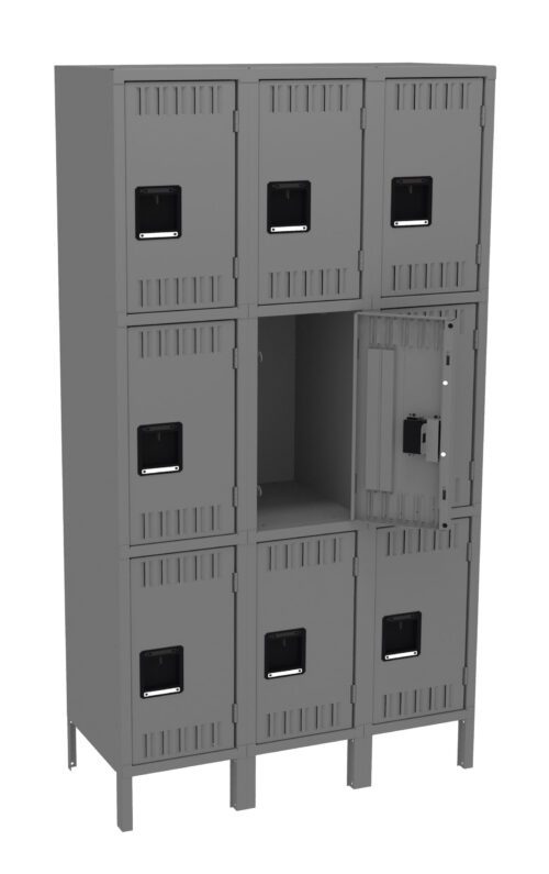 Gray metal storage unit with three rows of lockers, each row containing three lockers. The middle locker on the right is open, revealing an empty compartment. Each locker has a rectangular handle with a latch.