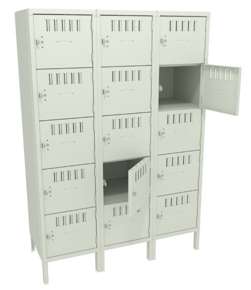 A set of 12 beige lockers arranged in three columns and four rows, with vents on each door. Some locker doors are open, revealing empty interiors.