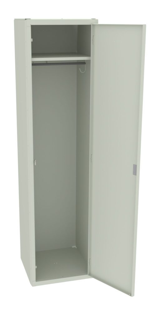An open, tall, empty light gray metal locker with a single door. Inside, there is a hanging rod near the top and a hook on the left side. The locker is positioned on a plain white background.