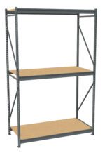 Freestanding metal shelving unit with three wooden shelves. The frame is made of steel and has diagonal support bars on the back and sides. The shelves are evenly spaced and the unit appears sturdy and functional for storage.