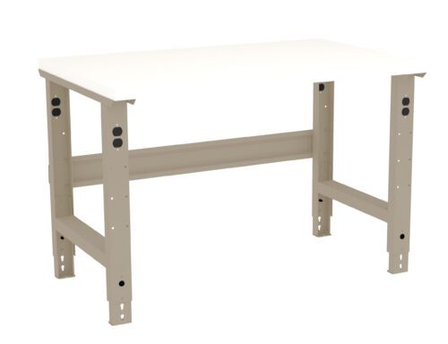 A beige and white adjustable workbench with a flat tabletop and metal legs. The legs have multiple holes for adjusting the height, and the design is minimalist, suitable for various tasks or settings.