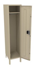 A beige metal locker with one door open, revealing an empty interior. Inside, there is a horizontal rod near the top for hanging items and a small hook below it. The locker stands on four legs.