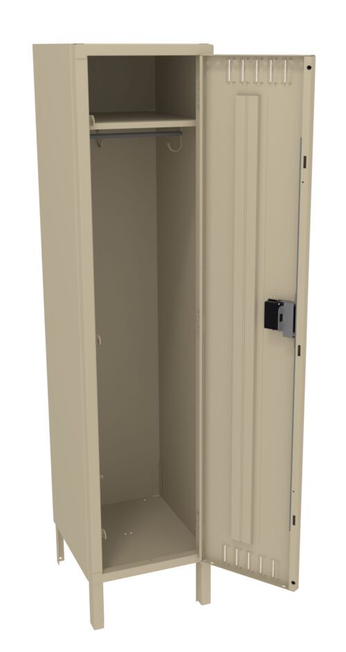A beige metal locker with one door open, revealing an empty interior. Inside, there is a horizontal rod near the top for hanging items and a small hook below it. The locker stands on four legs.