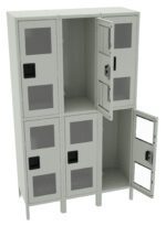 A gray metal storage cabinet with six compartments, each featuring a glass panel door. Two of the doors are open, revealing empty interior spaces. The cabinet stands on short legs.