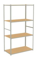 A four-tier metal and wood shelf against a white background. The frame is made of metal with perforated side supports, and the shelves are wooden planks. The design is simple, suitable for storage or organization.