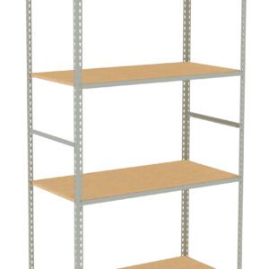 A four-tier metal and wood shelf against a white background. The frame is made of metal with perforated side supports, and the shelves are wooden planks. The design is simple, suitable for storage or organization.
