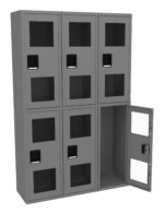Gray metal locker unit with six compartments, each with a transparent window and black handle. The bottom right compartment door is open.