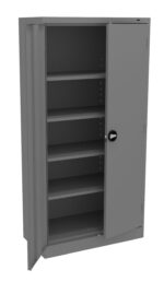 Open gray metal storage cabinet with five adjustable shelves and a side handle. The door is partially open, revealing the empty interior. The cabinet is placed against a plain white background.