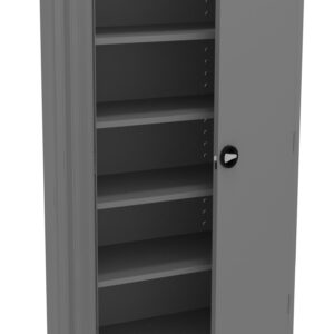Open gray metal storage cabinet with five adjustable shelves and a side handle. The door is partially open, revealing the empty interior. The cabinet is placed against a plain white background.