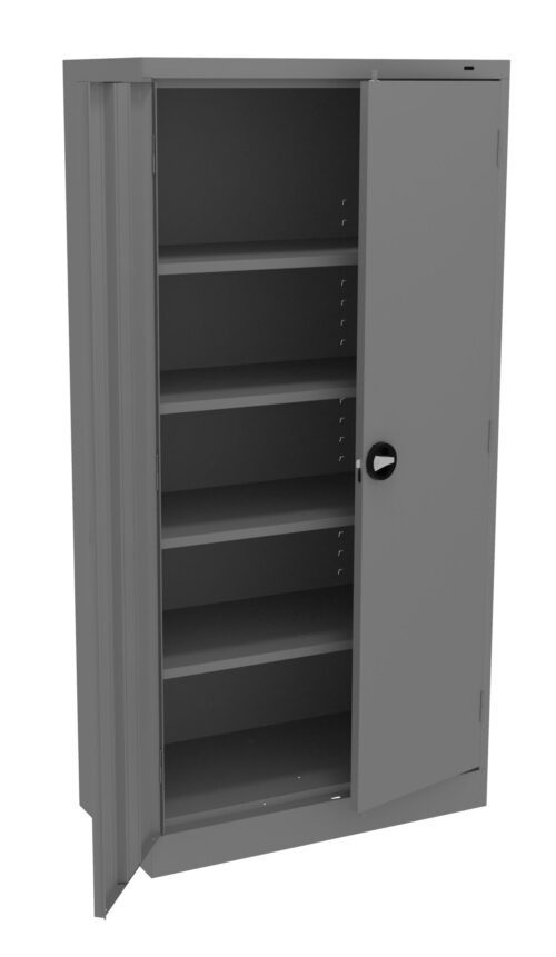 Open gray metal storage cabinet with five adjustable shelves and a side handle. The door is partially open, revealing the empty interior. The cabinet is placed against a plain white background.