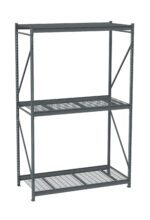 A large metal shelving unit with three levels, featuring a combination of solid and grid-like wire shelves. The frame is dark gray and has diagonal supports for stability, designed for heavy-duty storage use.